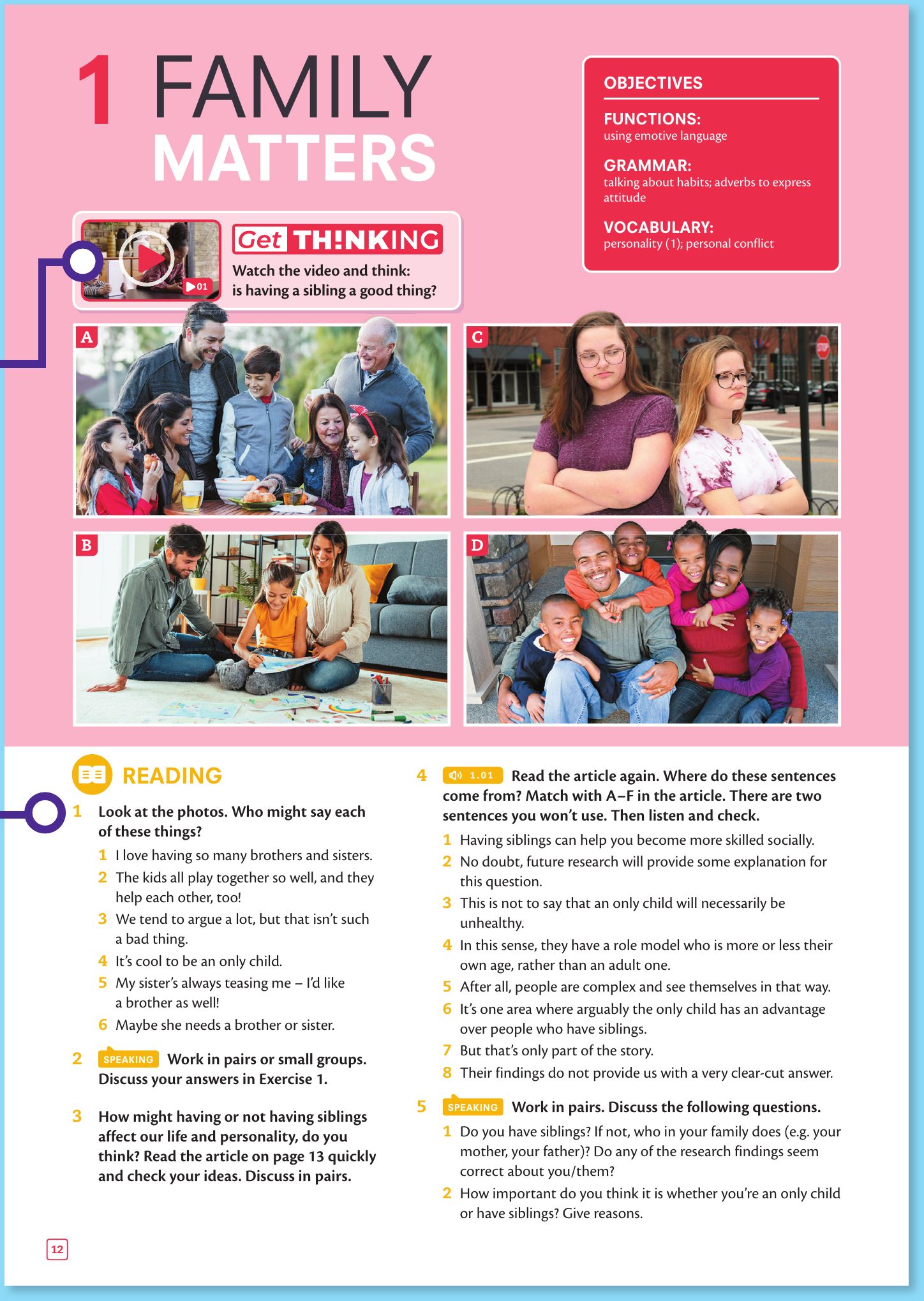 Student's Book page 12: Get Thinking video, four family photos A to D and reading exercises 1 to 5