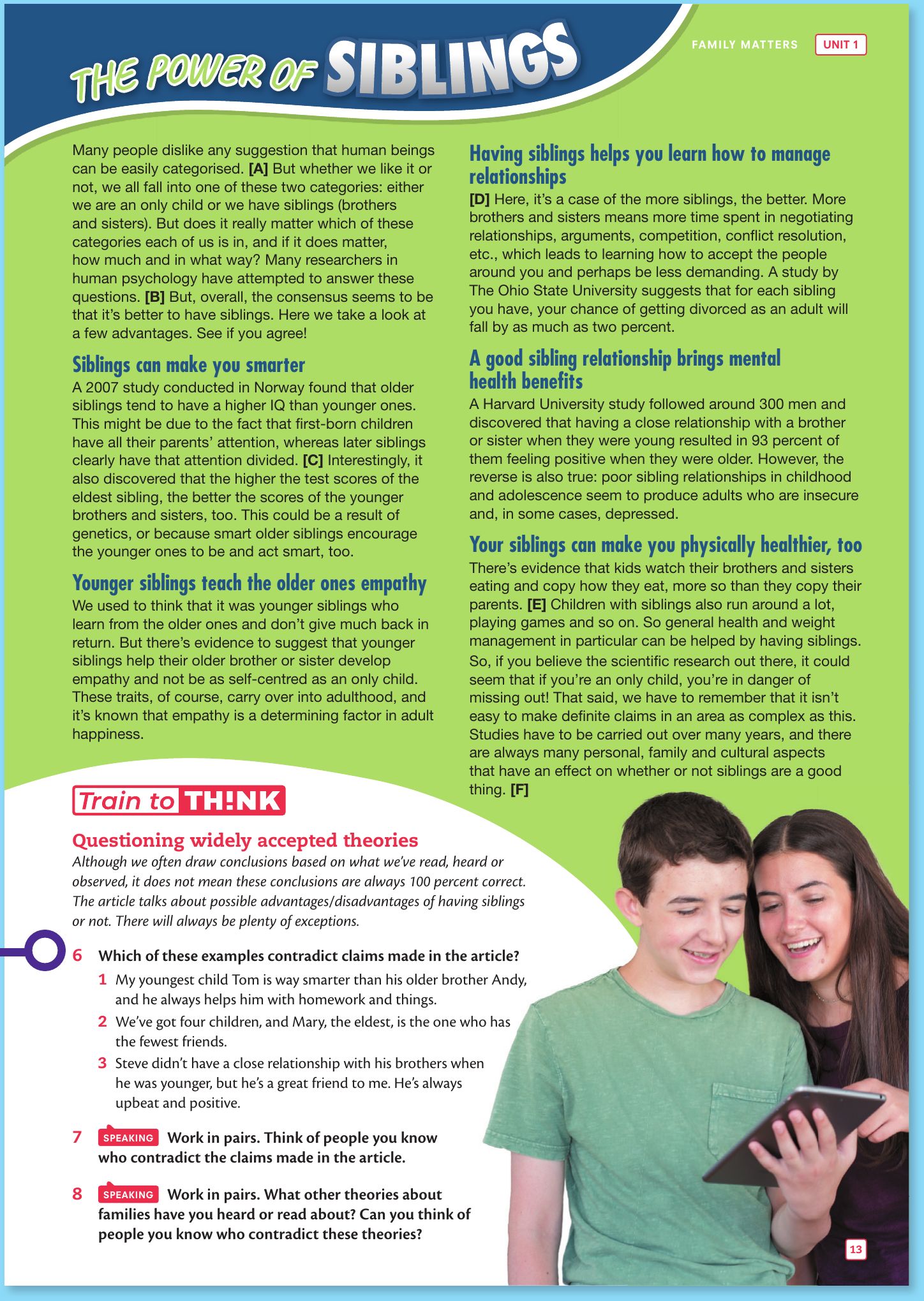 Student's Book page 13: the article The Power of Siblings, the Train to Think box and exercises 6 to 8