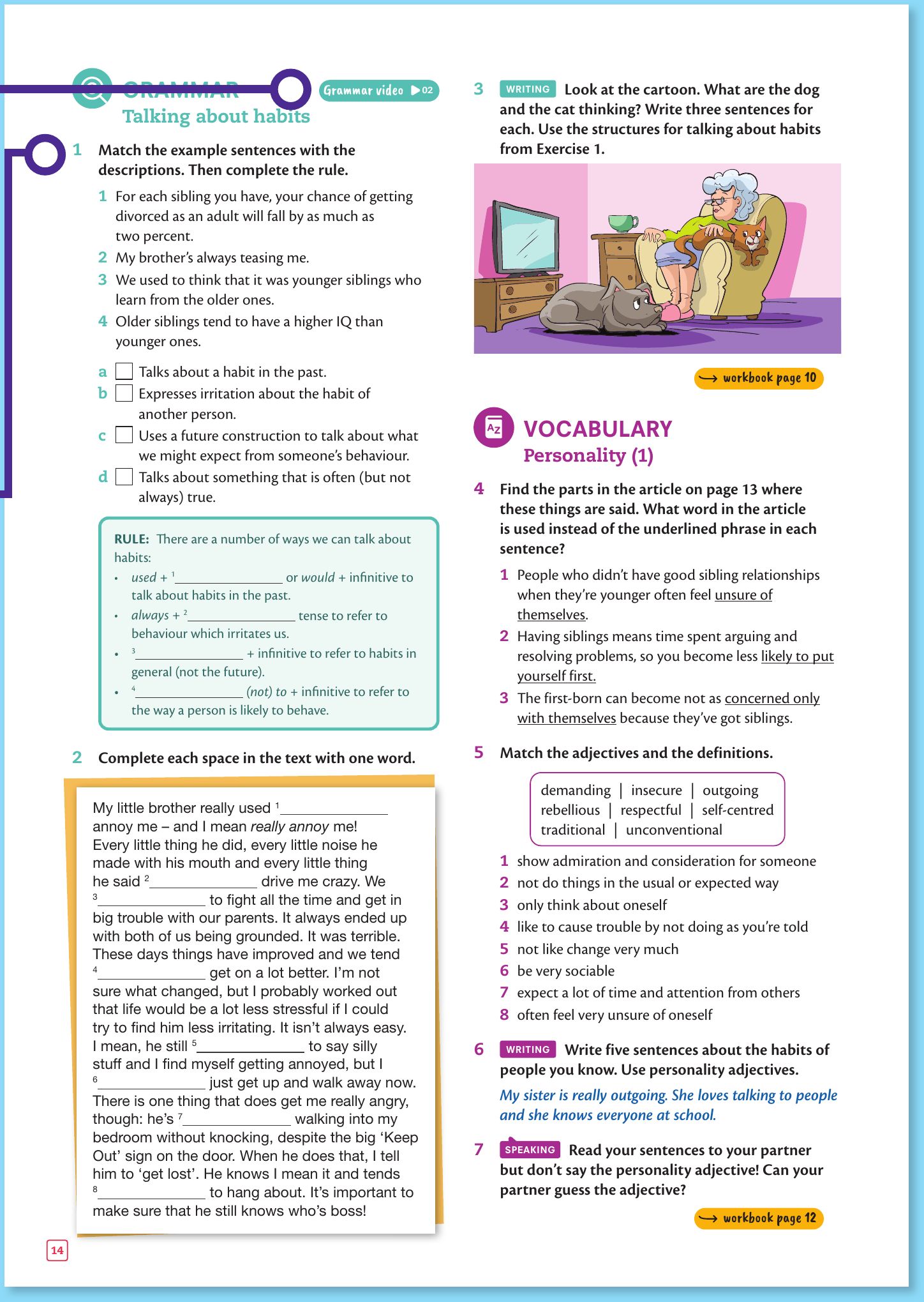 Student's Book page 14: grammar exercises 1 to 3 on talking about habits with a cartoon of a dog, a cat and an old lady, and vocabulary exercises 4 to 7 on personality adjectives