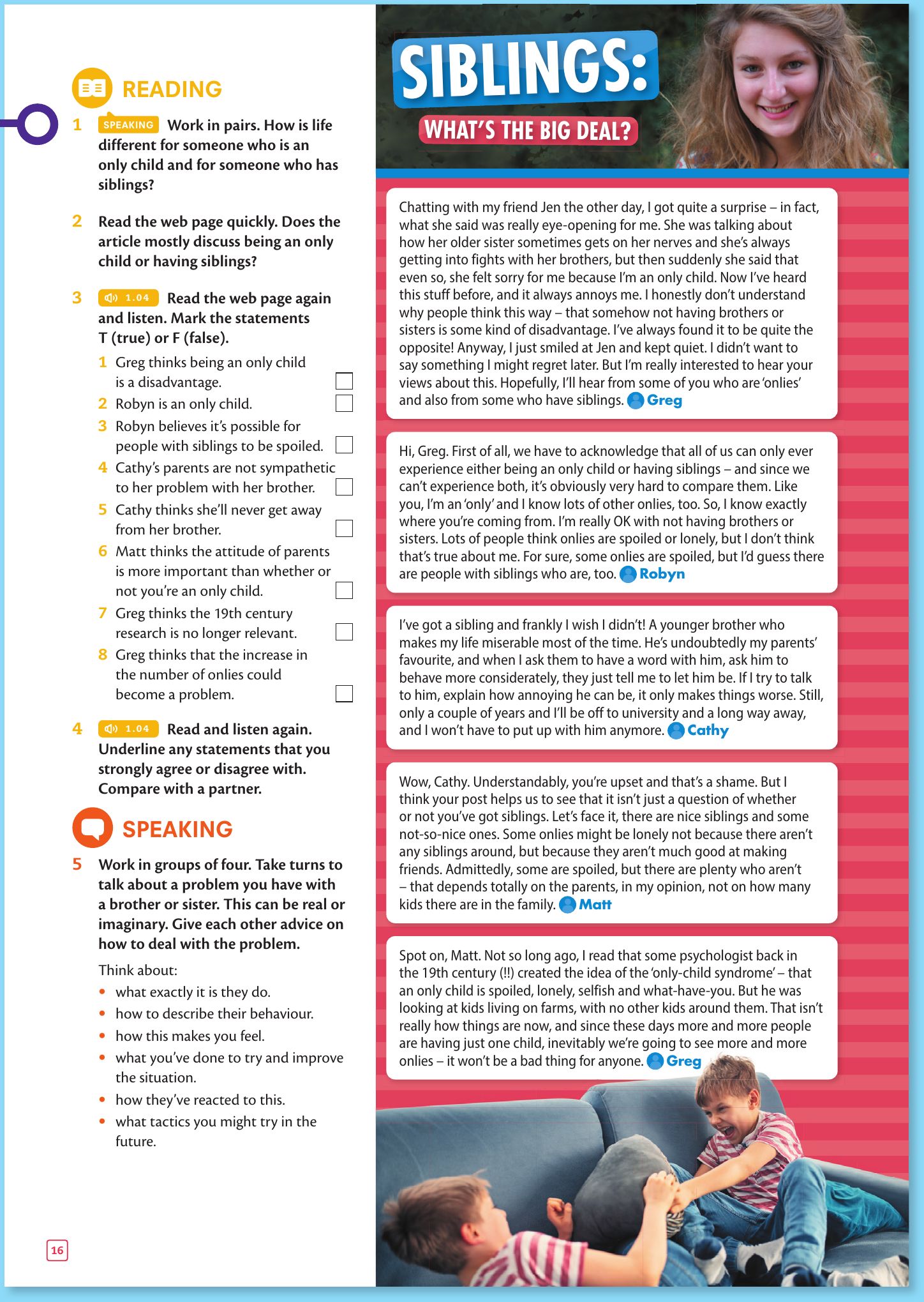 Student's Book page 16: the web page Siblings: what's the big deal?, used to check exercises 6, 7 and 9
