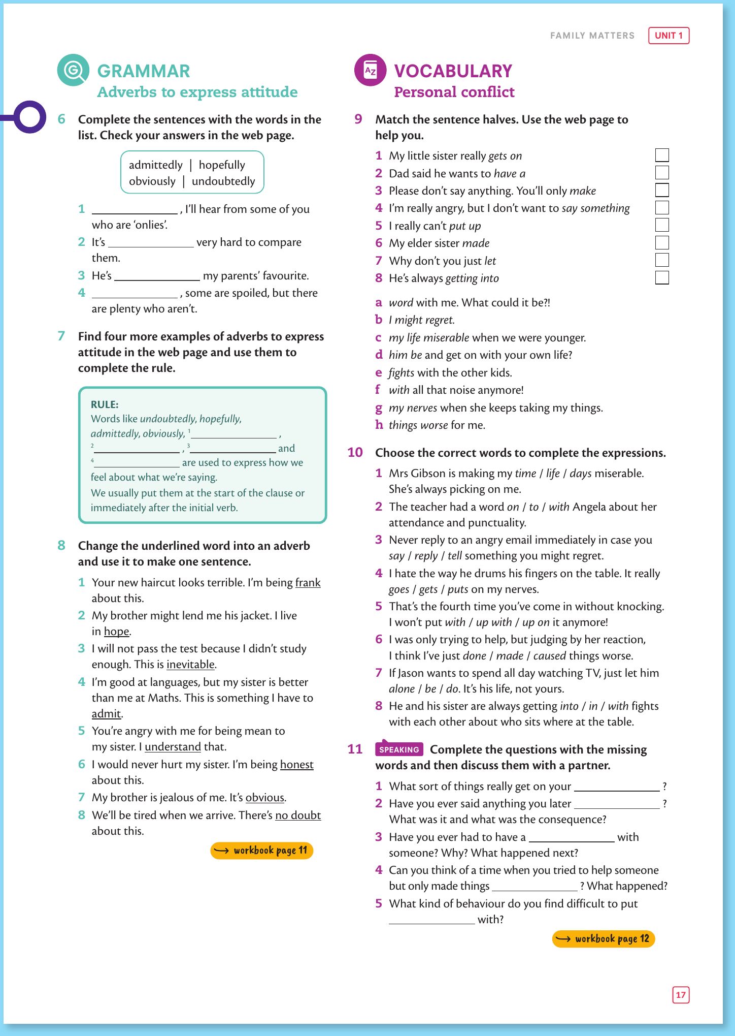 Student's Book page 17: grammar exercises 6 to 8 on adverbs to express attitude and vocabulary exercises 9 to 11 on personal conflict